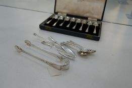 London 1797 Stephen Adams I silver tongs, a set of five decorative silver teaspoons, other silver fl