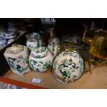A selection of green Masons Chartreuse pattern china and a brass kettle