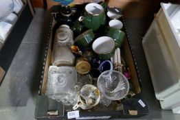A box of mixed china, glass and metal ware