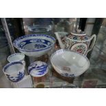 A shelf of Chinese porcelain mainly blue and white, some 19th century