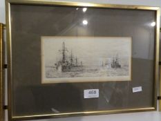 W L Wyllie, a pair of pencil signed etchings of Naval boats, 22cm x 11cm