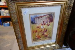 A framed and glazed watercolour depicting hens/cockerel signed Jane Lampard