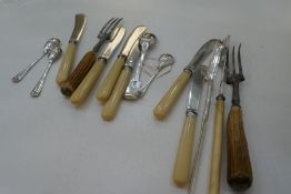 A set of six bone handled knives having silver rims, and some plate