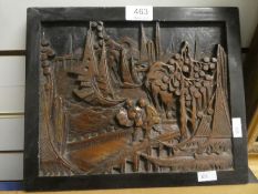 A 20th Century, oriental carved plaque of figures on bridge