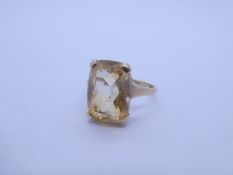9ct yellow gold ladies cocktail ring set with large mixed cut rectangular citrine, size N, approx 3.