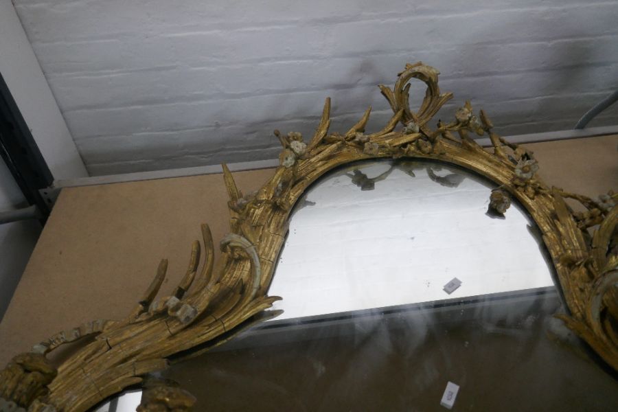 A 19th Century, possibly Georgian gilt wall mirror having carved wood decoration with pair of 2 scon - Image 3 of 8
