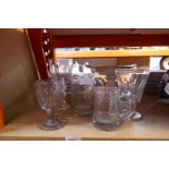 Three 19th Century glasses and two engraved glass tankards