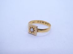 Antique 22ct yellow gold ring with square panel with Starburst set seed pearl, marked 22, Chester 18