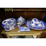 Various blue and white china, including two platters