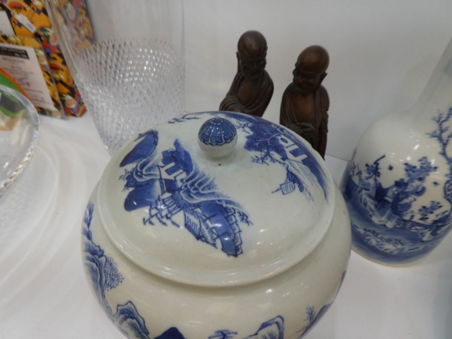 A 19th Century, Chinese blue and white lidded bottle, two Nankin chargers and other oriental items - Image 12 of 30