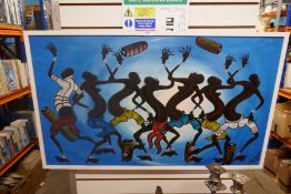 A modern oil of African figures dancing, signed