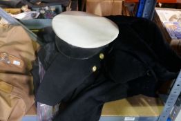 Two Naval jackets, a Petty Officer's cap, and other similar items