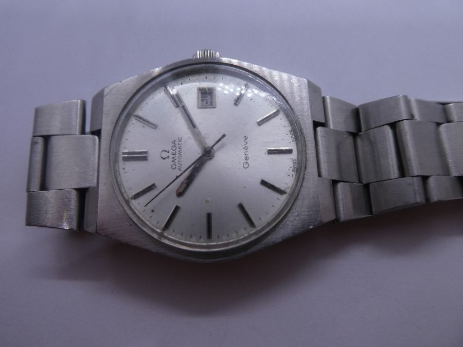 OMEGA; Stainless steel Omega automatic Geneve wristwatch, on stainless strap with silvered textured - Image 3 of 3