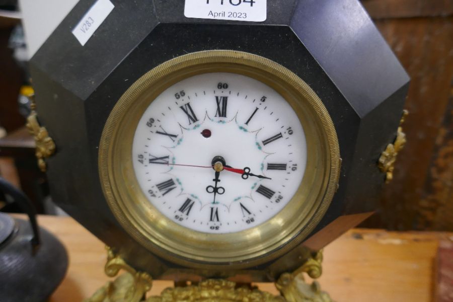 A French style clock with gilt metal mounts, a sculpture of man holding wreath and sundry - Image 4 of 5