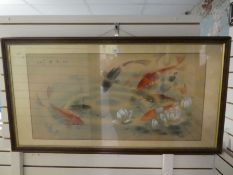 A large Chinese watercolour of Koi Carp and Waterlilies signed, 101 x 51cm