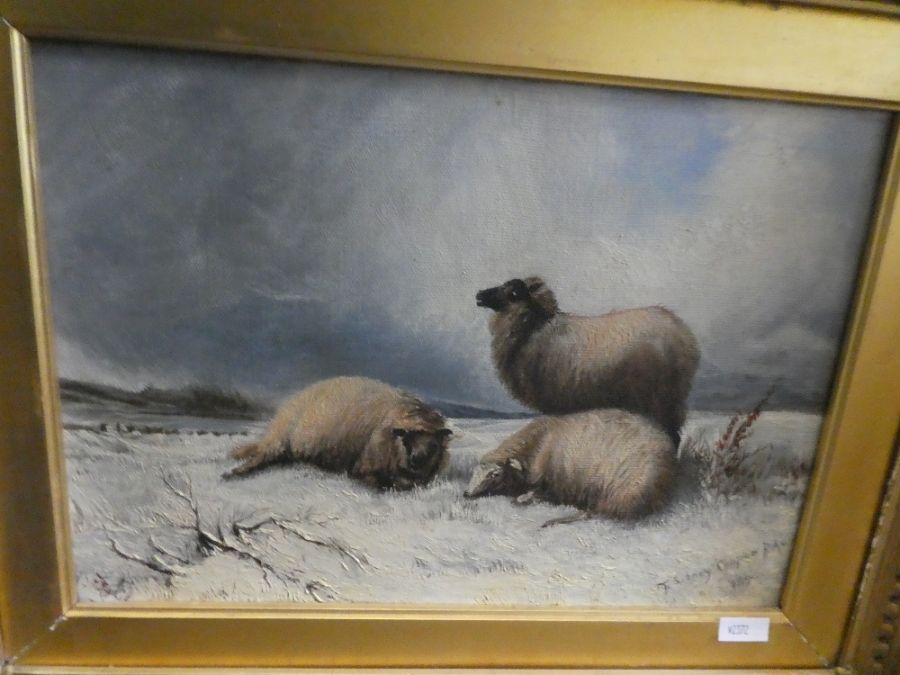 A late 19th century oil of three sheep in snowy landscape, bears signature of Sidney Cooper, 34.5cm - Image 2 of 3