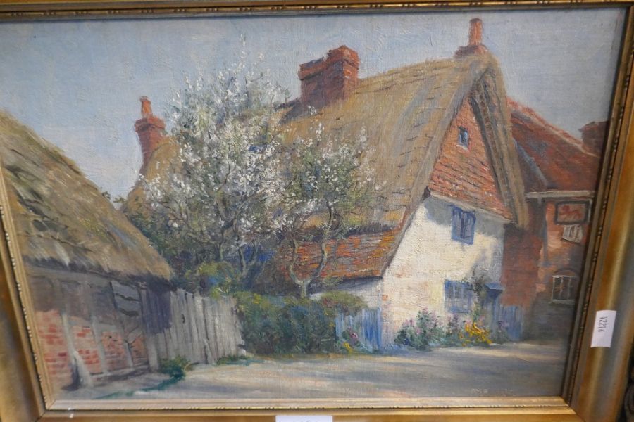 Frank Moss Bennet, a cottage put near Newbury, oil on board monogrammed and dated 1927, 34.5 x 24cm - Image 2 of 5