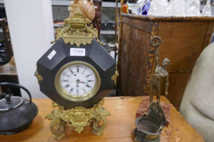 A French style clock with gilt metal mounts, a sculpture of man holding wreath and sundry - Image 3 of 5