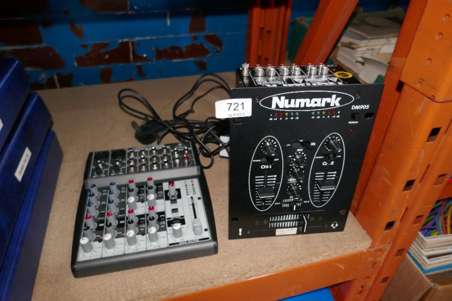 Three various music mixers including a Numark DM905, a Behringer sound effects processor and an ION