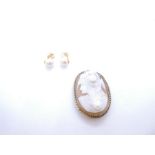 Pair of 9ct simulated pearl clip on earrings and a vintage cameo brooch