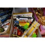 Four cartons of old playworn die cast vehicles by Dinky, Matchbox and others