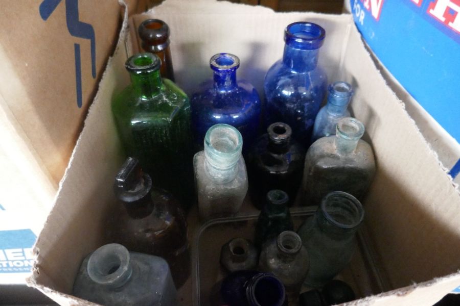 Three boxes of vintage bottles, bedwarmers, etc