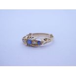 Antique 18ct yellow gold half hoop ring set with 3 sapphires and 2 old European cut diamonds, marked
