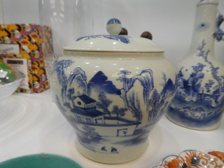 A 19th Century, Chinese blue and white lidded bottle, two Nankin chargers and other oriental items - Image 11 of 30