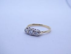 Diamond 18ct yellow gold three stone diamond ring, approx 0.2cts total colour GH, unmarked size O, a