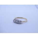 Diamond 18ct yellow gold three stone diamond ring, approx 0.2cts total colour GH, unmarked size O, a