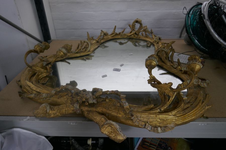 A 19th Century, possibly Georgian gilt wall mirror having carved wood decoration with pair of 2 scon - Image 7 of 8