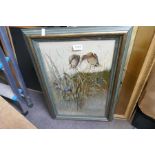 A Victorian painting on Opaline glass (unframed), and two other paintings of birds, one by J. Fabian