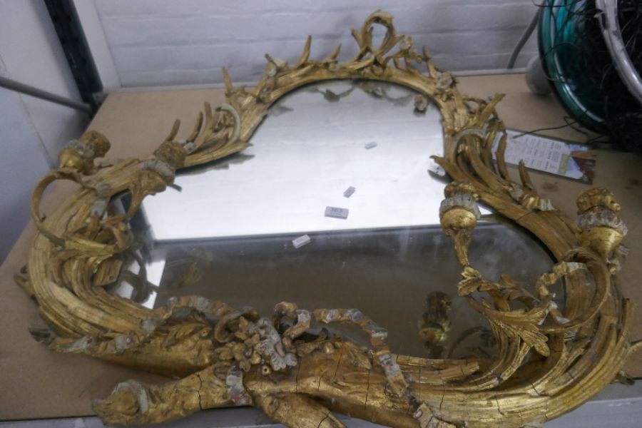 A 19th Century, possibly Georgian gilt wall mirror having carved wood decoration with pair of 2 scon - Image 8 of 8