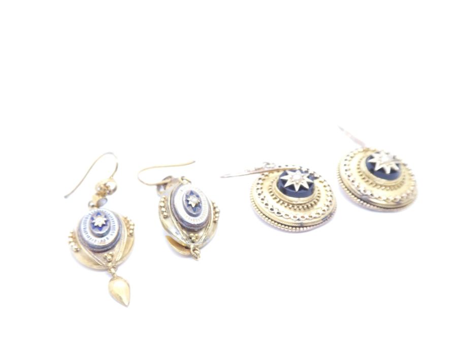 Pair of Victorian drop earrings, 18ct yellow gold with oval enamel panel one set with a seed pearl, - Image 2 of 4