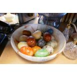 An onyx bowl containing marble eggs, a Caithness bowl and sundry scent bottles