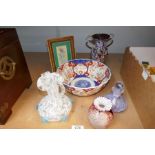 A Japanese Imari bowl, four pieces of glassware and a Persian picture
