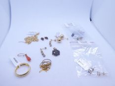 Mixed lot; 2 9ct chains, 9ct gold ball studs, 9ct gold wedding band, 3 gem set pendants and a pair o