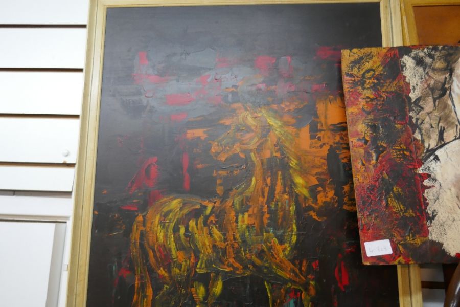 A 1970s abstract style oil of a horse signed and two other pictures - Image 4 of 7
