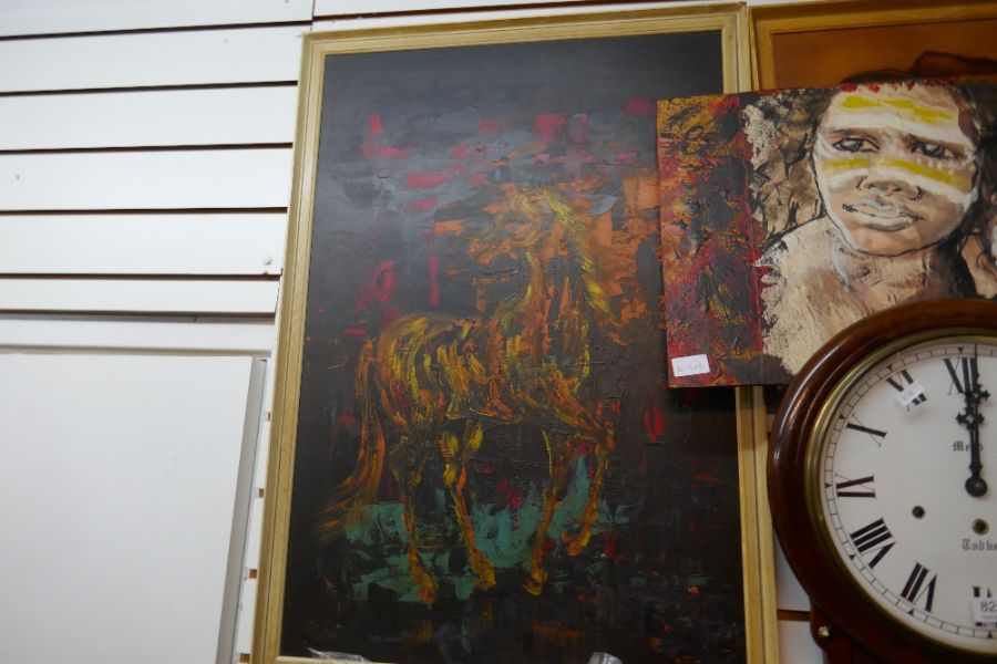 A 1970s abstract style oil of a horse signed and two other pictures