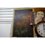 A 1970s abstract style oil of a horse signed and two other pictures