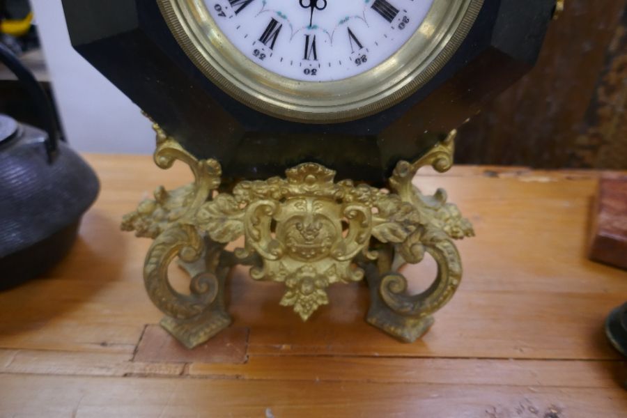 A French style clock with gilt metal mounts, a sculpture of man holding wreath and sundry - Image 5 of 5