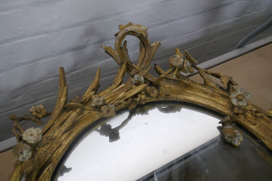 A 19th Century, possibly Georgian gilt wall mirror having carved wood decoration with pair of 2 scon - Image 5 of 8