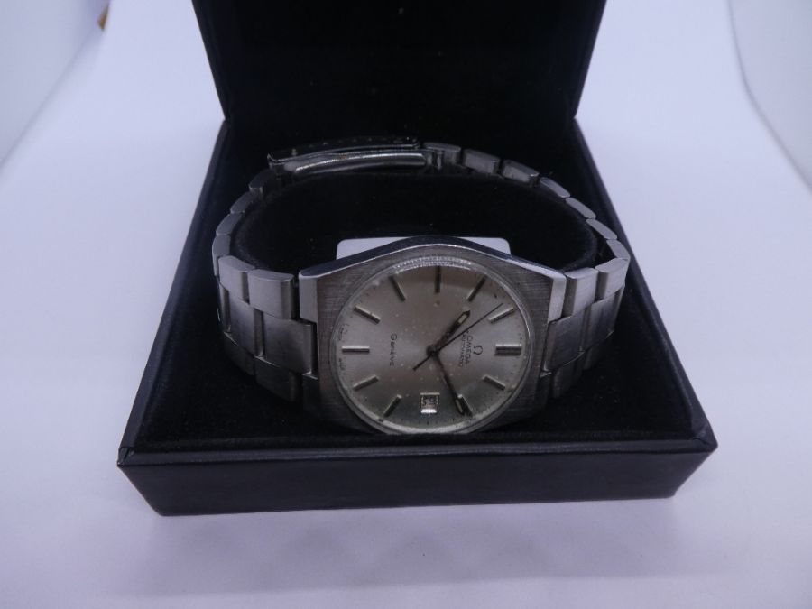 OMEGA; Stainless steel Omega automatic Geneve wristwatch, on stainless strap with silvered textured