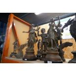 A quantity of Spelter figures and a decorative bell