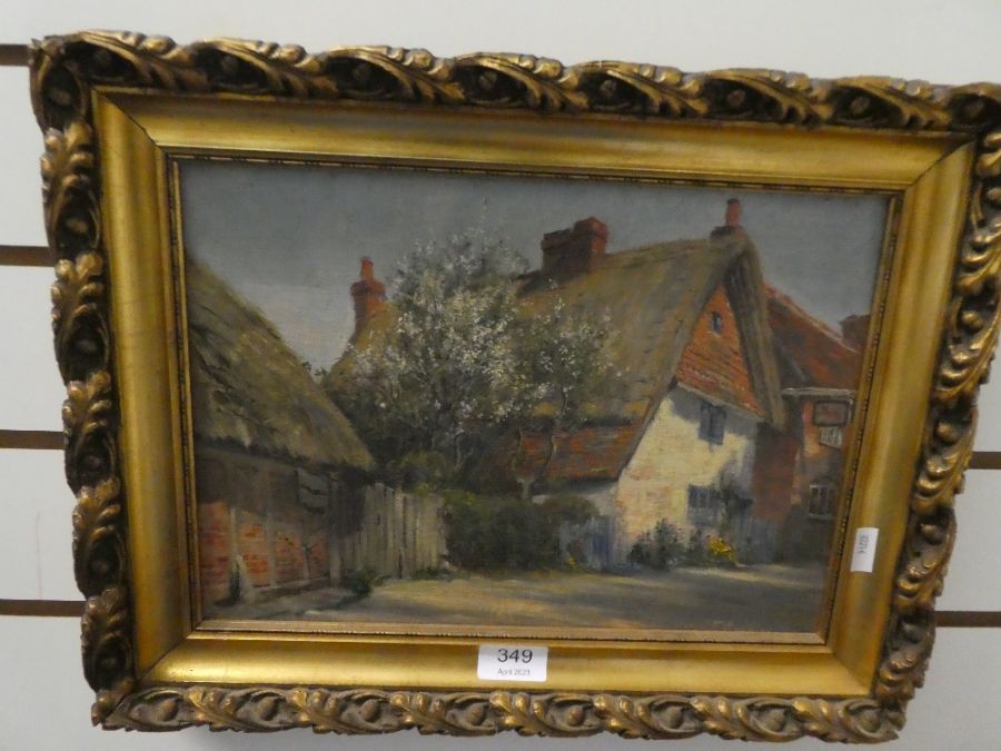 Frank Moss Bennet, a cottage put near Newbury, oil on board monogrammed and dated 1927, 34.5 x 24cm - Image 4 of 5