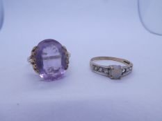 9ct yellow gold dress ring set with large oval mixed cut amethyst, size U, and another 9ct gold dres