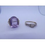 9ct yellow gold dress ring set with large oval mixed cut amethyst, size U, and another 9ct gold dres
