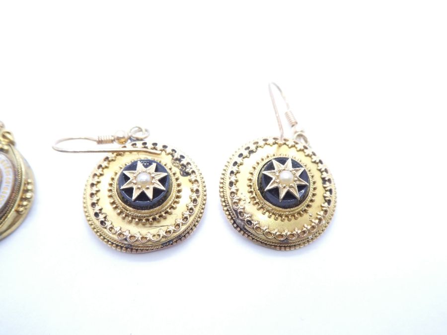 Pair of Victorian drop earrings, 18ct yellow gold with oval enamel panel one set with a seed pearl, - Image 4 of 4