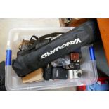 A box of cameras and other related items
