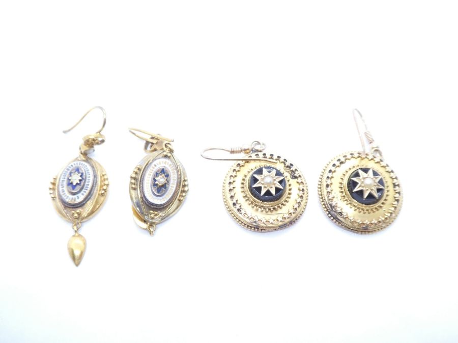 Pair of Victorian drop earrings, 18ct yellow gold with oval enamel panel one set with a seed pearl,